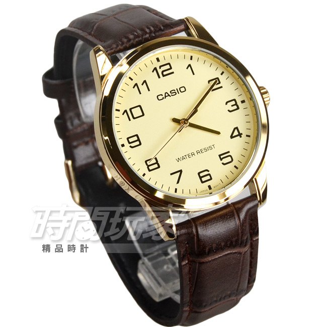 CASIO 卡西歐 MTP-V001GL-9B 公司貨 簡約數字真皮石英錶 指針錶 男錶 學生錶 防水 金x咖啡 MTP-V001GL-9BUDF
