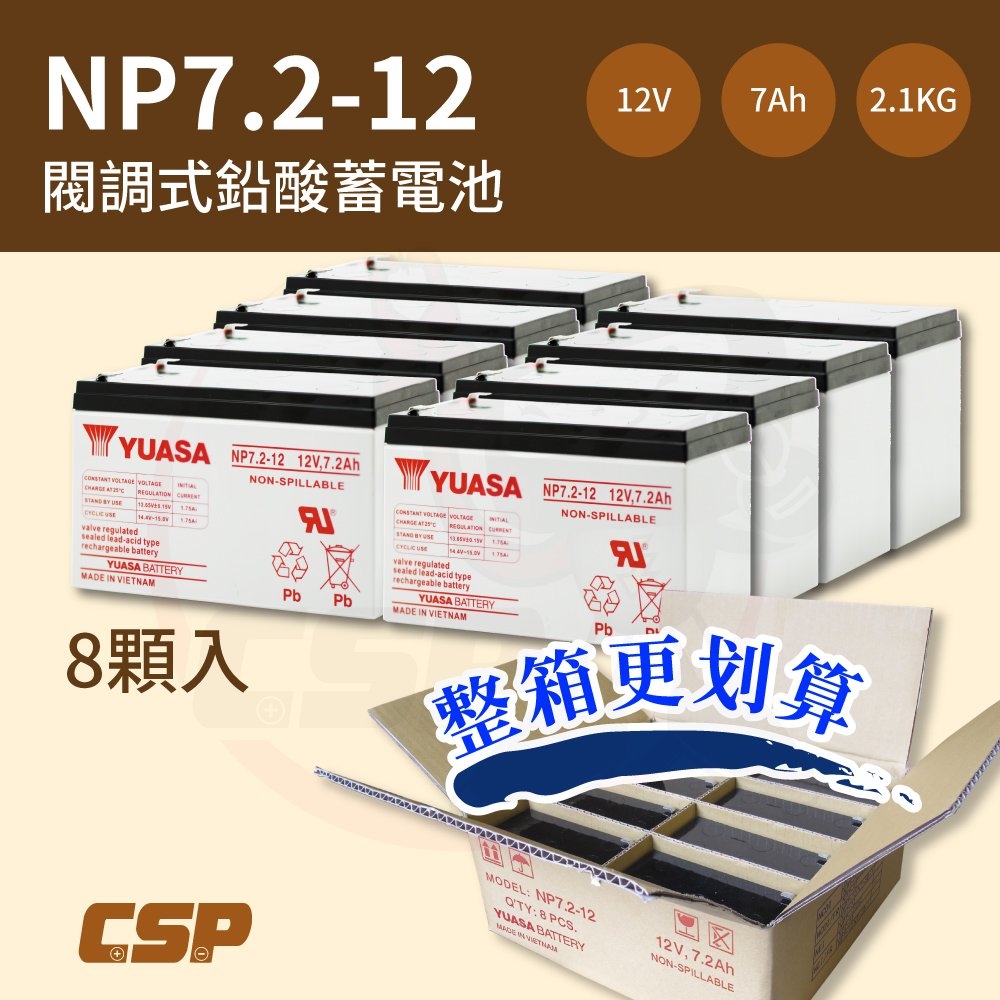 【整件】YUASA湯淺NP7.2-12*8個 / 閥調密閉式鉛酸電池~12V7.2Ah