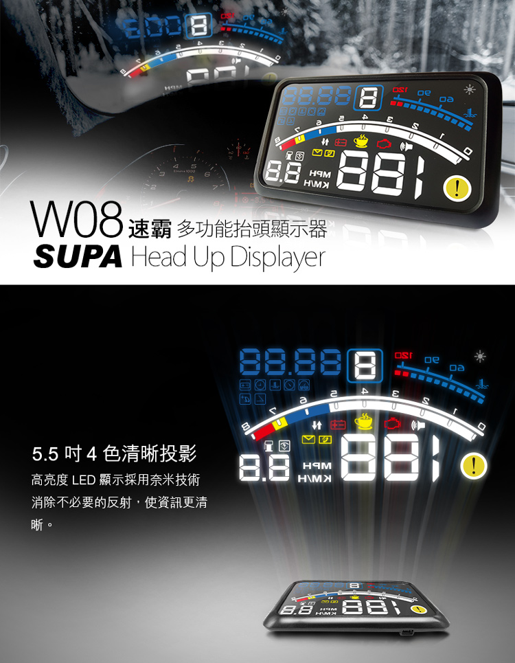 速霸 W08 4色多彩HUD多功能抬頭顯示器