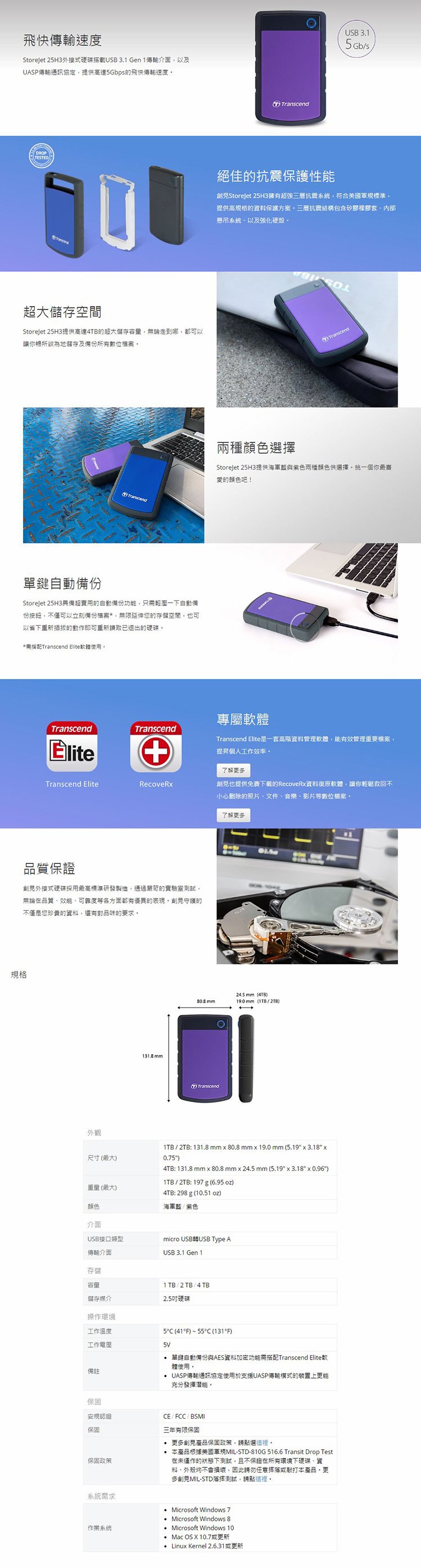 Transcend 創見StoreJet 25H3B 4TB 海軍藍USB3.1 2.5吋外接硬碟 