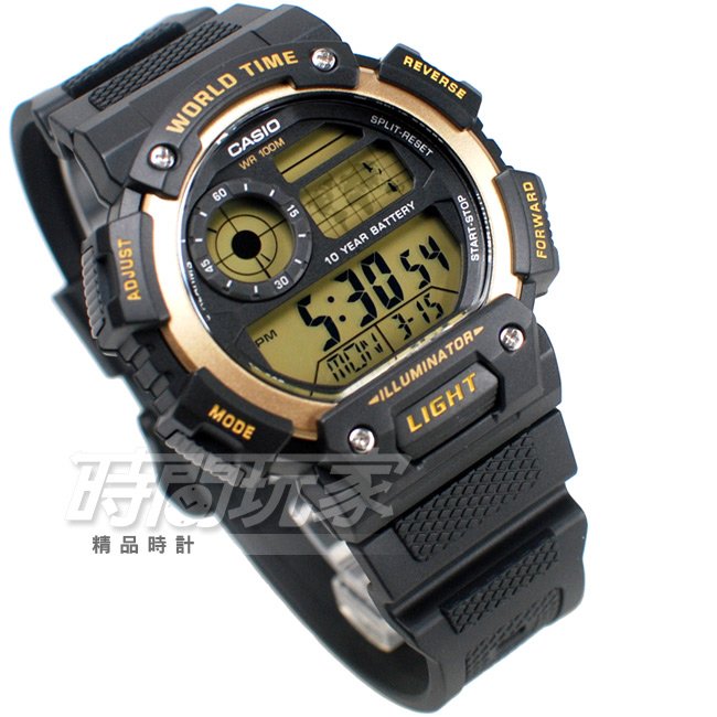 CASIO卡西歐 AE-1400WH-9A 10年電力電子錶 世界時間 男錶 運動錶 學生錶 黑x金色 AE-1400WH-9AVDF