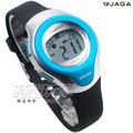 JAGA 捷卡 小巧可愛 多功能時尚電子錶 防水手錶 女錶 學生錶 計時碼錶 鬧鈴 橡膠錶帶 M1067-AE(黑藍)