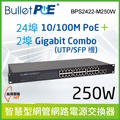 BulletPoE BPS2422-M250W 24-PORT 10/100Mbps PoE+ 2-port Gigabit Combo Switch 智慧型網管電源交換器