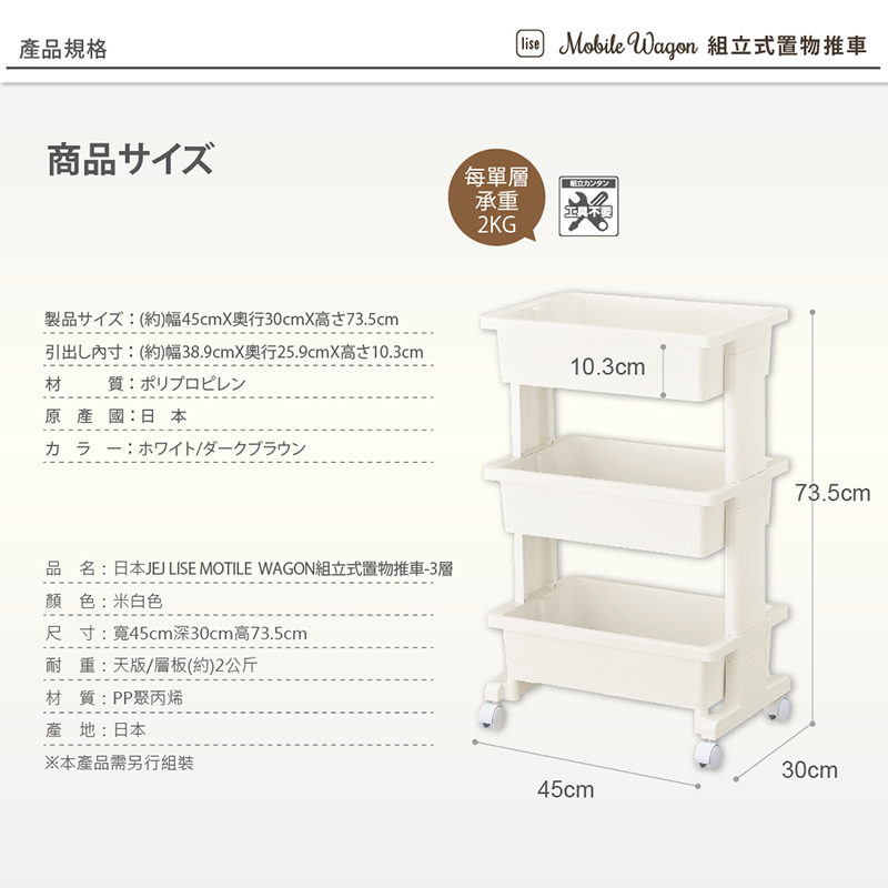 產品規格 Mobile Wagon 組立式置物推車商品サズ每單層承重立カンタン具不要2KG製品イ約)幅45cmX行30cmX73.5cm引出內寸:(約)幅38.9cmX行25.9cmX高10.3cm材 質:ポリプロピレン10.3cm原產國:日本品名:日本JE LISE MOTILE WAGON組立式置物推車-3層顏色:米白色尺寸:寬45cm深30cm高73.5cm耐重:天版/層板(約)2公斤材質:PP聚丙烯產地 :日本本產品需另行組裝73.5cm30cm45cm