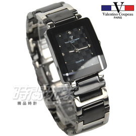 valentino coupeau范倫鐵諾 簡約晶鑽時刻方形菱格紋女錶 防水手錶 不銹鋼 IP黑電鍍 V61222黑小