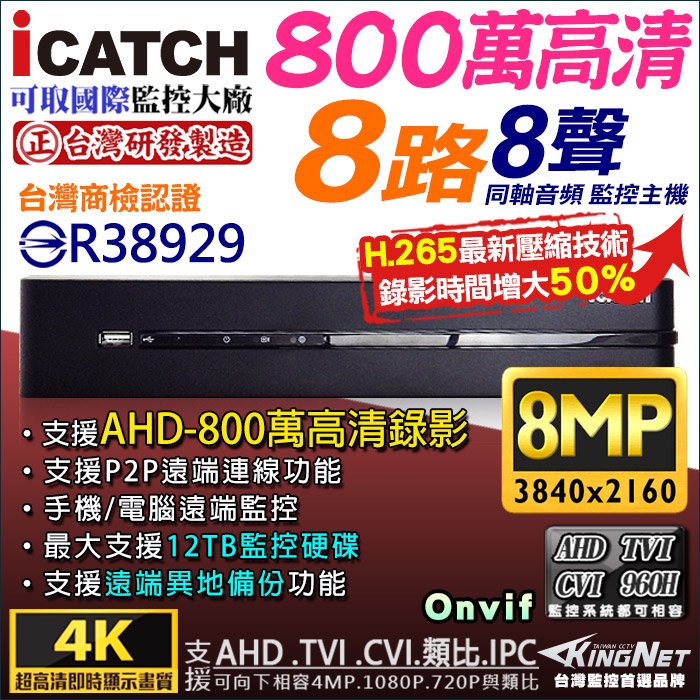 iCATCH 可取 H.265 800萬 8路 監視器主機 混合型 8路DVR 監控主機 2160P 5MP/4MP/1080P/ AHD TVI IPC