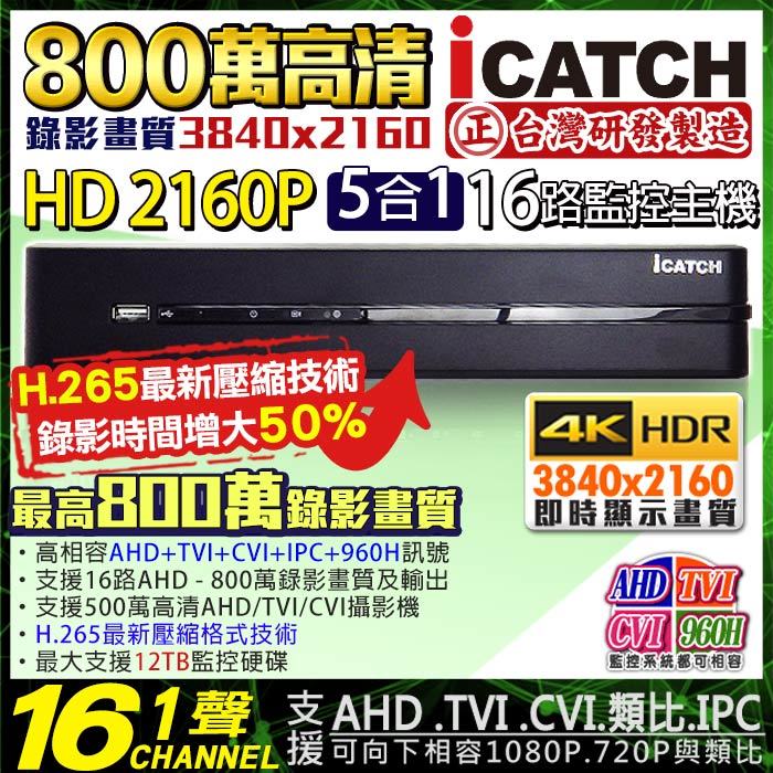 iCATCH 可取 H.265 800萬 16路1聲監視器主機 混合型 16路DVR 監控主機 2160P 5MP/4MP/1080P/ AHD TVI IPC