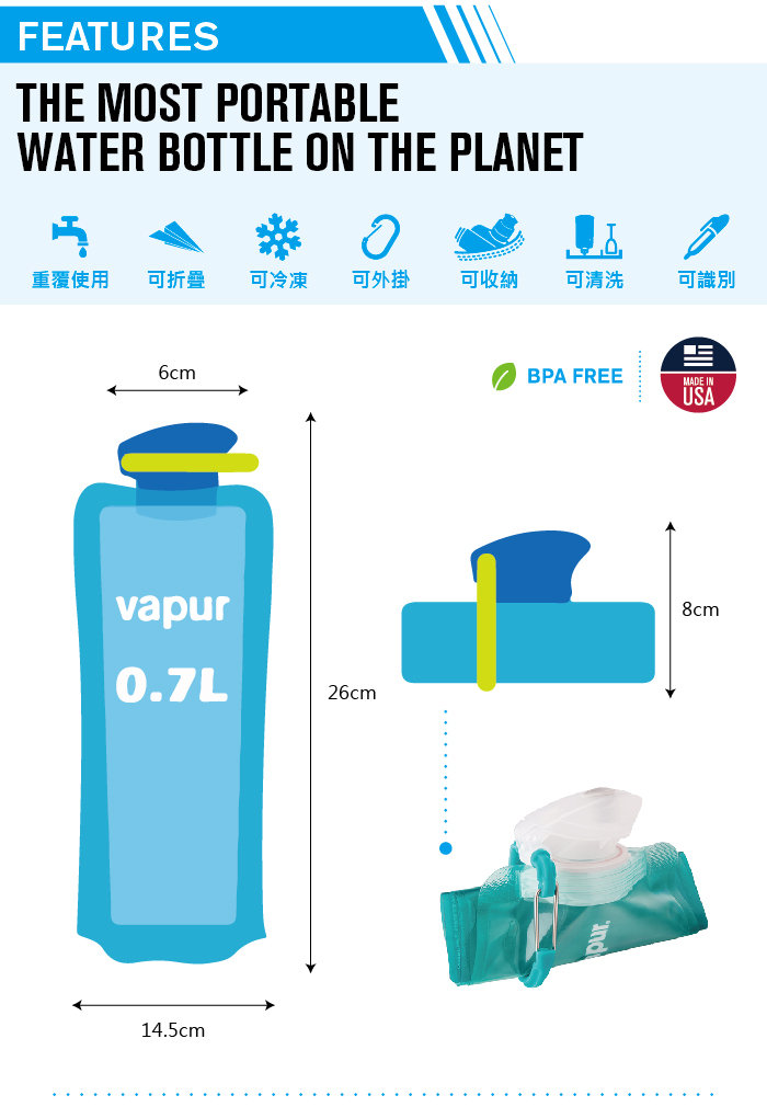 美國 Vapur Gradient 運動摺疊水袋 0.7L 薰衣草紫 #10282