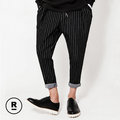 ZINIF 搖滾星球 KOREA 正韓代購 九分直條紋高腰綁帶鬆緊西裝哈倫褲老爺褲