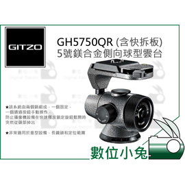 數位小兔【GITZO GH5750QR 5號鎂合金側向球型雲台(含快拆板)】公司貨