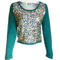 國際知名設計師品牌Robyn Hung洪英妮純羊毛深綠色彩色亮片長袖針織衫 L號