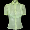 日本品牌NICE CLAUP Co., LTD.粉綠色100%純蠶絲荷葉短袖襯衫