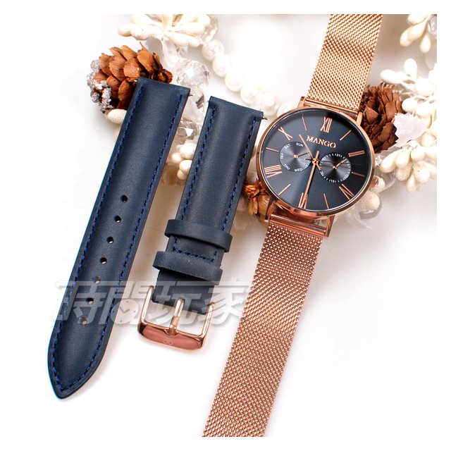 (活動價) MANGO 米蘭優雅 雙眼 任意搭配 米蘭帶 皮帶 女錶 防水手錶 學生錶 不銹鋼 玫瑰金x藍 MA6731L-55R