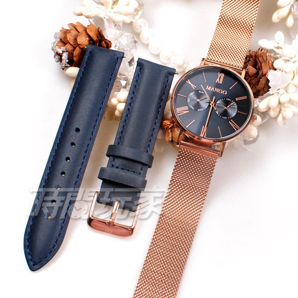 (活動價) MANGO 米蘭優雅 雙眼 任意搭配 米蘭帶 皮帶 女錶 防水手錶 學生錶 不銹鋼 玫瑰金x藍 MA6731L-55R