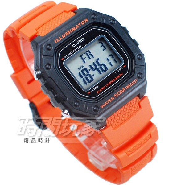 CASIO卡西歐 W-218H-4B2 復古方型設計 數位電子錶 女錶 男錶 學生錶 防水 橘色 W-218H-4B2VDF