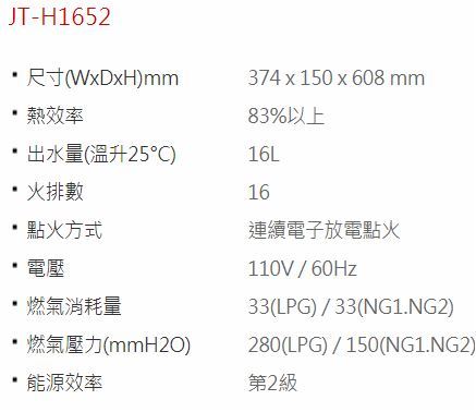 JT-H1652-喜特麗-16L-數位恆溫-強制排氣-3年保固-熱水器-規格