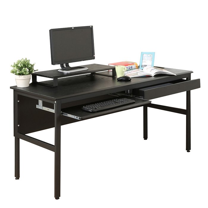 《DFhouse》頂楓150公分電腦辦公桌+一抽屜一鍵盤+桌上架-黑橡木色