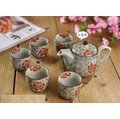 「宇煌百貨」日式創意 古雅系列 6入茶具 雙花茶壺茶杯茶道陶瓷餐具和風 紅富貴 (一組)