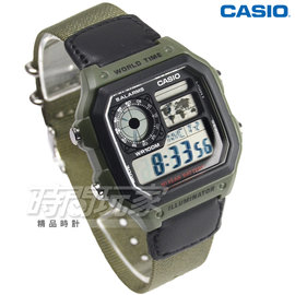 CASIO卡西歐 AE-1200WHB-3B 液晶顯示 多時區鬧鈴電子帆布帶錶 男錶 黑框x橄欖綠 AE-1200WHB-3BVDF