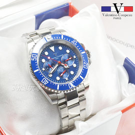 valentino coupeau范倫鐵諾 夜光時刻 不鏽鋼 防水手錶 男錶 潛水錶 水鬼 石英錶 V61589三眼藍
