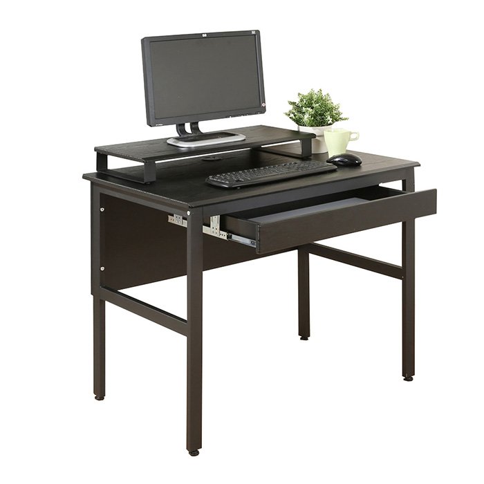 《DFhouse》頂楓90公分電腦辦公桌+一抽屜+桌上架-黑橡木色