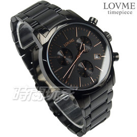 LOVME 公司貨 真三眼 城市獵人個性時尚手錶 不鏽鋼 不銹鋼男錶 日期窗防水手錶 黑x玫瑰金 VS0055M-33-341
