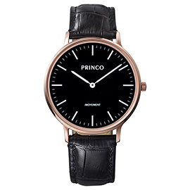 PRINCO 時尚經典智能觸控錶石英錶-37mm黑底金邊(快拆皮革錶帶)(MD0197G)