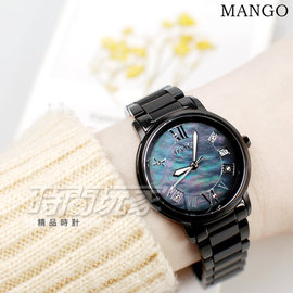 (活動價) MANGO 原廠公司貨 羅馬時刻 珍珠螺貝面盤 不鏽鋼女錶 防水手錶 日期視窗 IP黑電鍍 MA6736L-88