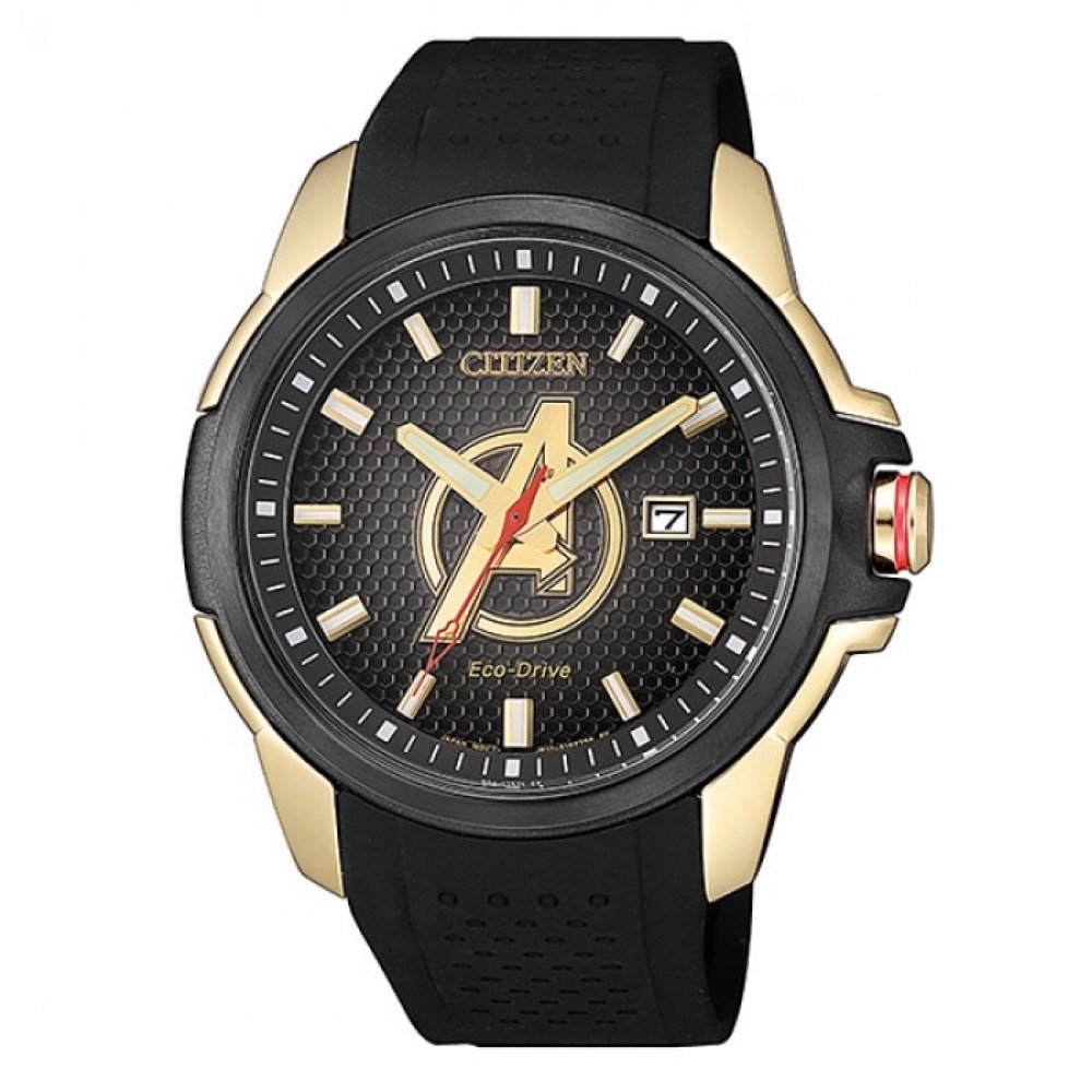 Citizen Eco-Drive 復仇者聯盟聯名款時尚流行橡膠腕錶-黑金-AW1155-03W