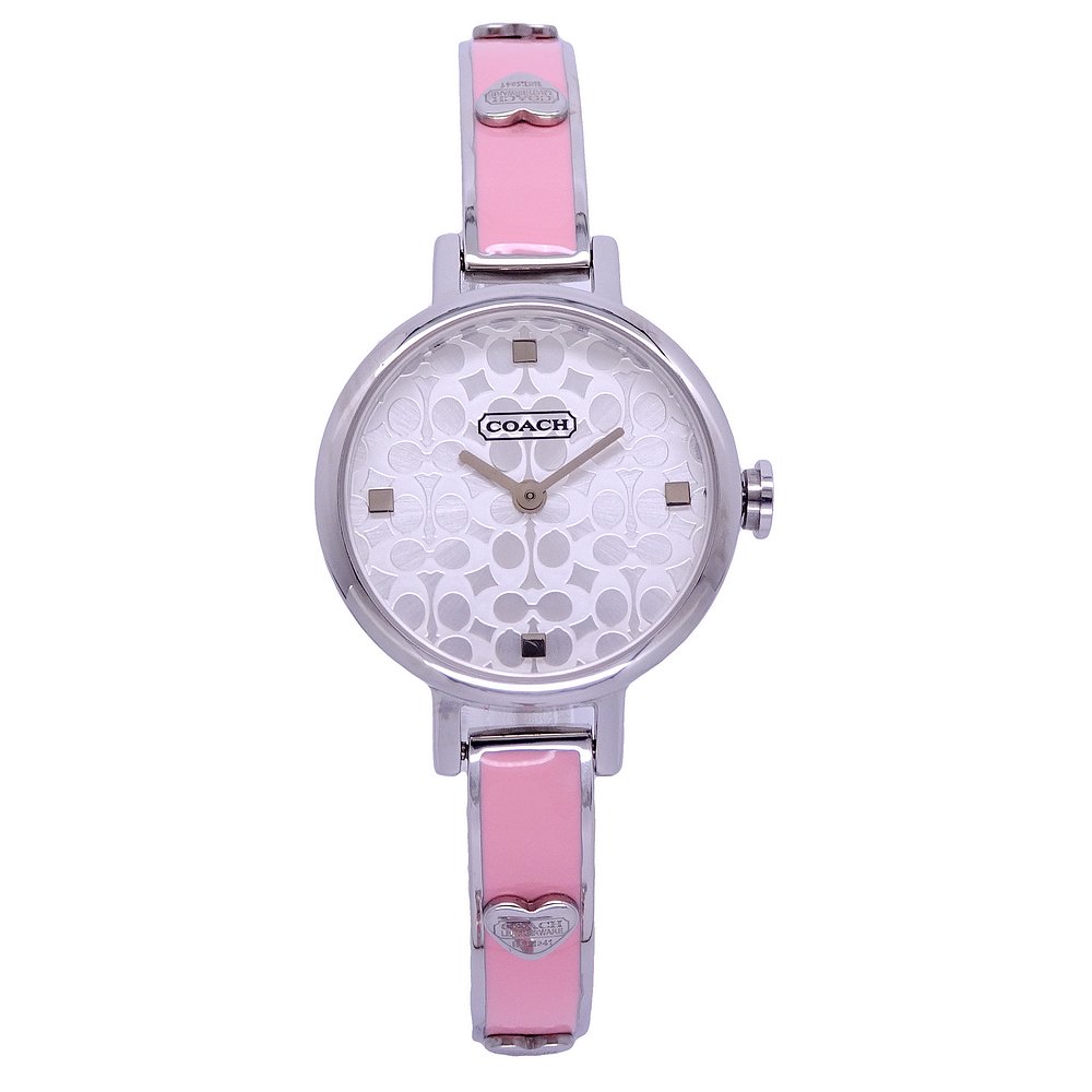 COACH 美國頂尖精品經典logo愛心造型手環式腕錶-銀+粉-CA217140457
