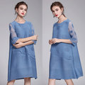 【韓國KW-歐美風】KBM3383-5 圓點水溶蕾絲假二件式洋裝-水藍