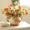 歐式手繪雙耳陶瓷花盆+5束法國燒邊玫瑰 仿真花套裝 餐桌茶几花藝