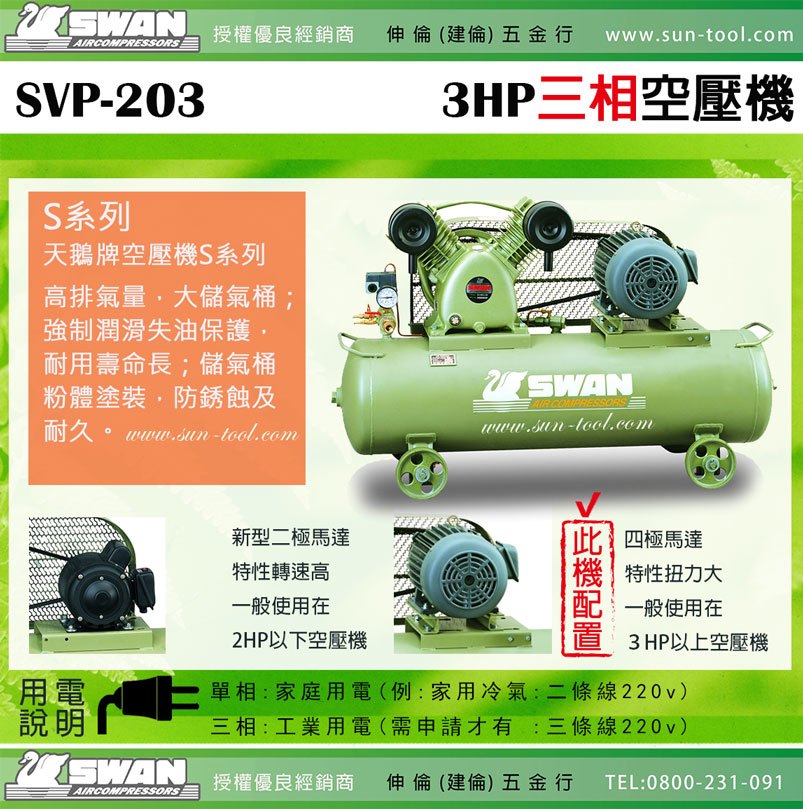 Sun Tool 天鵝牌030 3hp Svp 3 三相2v 空壓機3馬力高排氣量大儲氣桶耐用壽命長 Pchome商店街 台灣no 1 網路開店平台