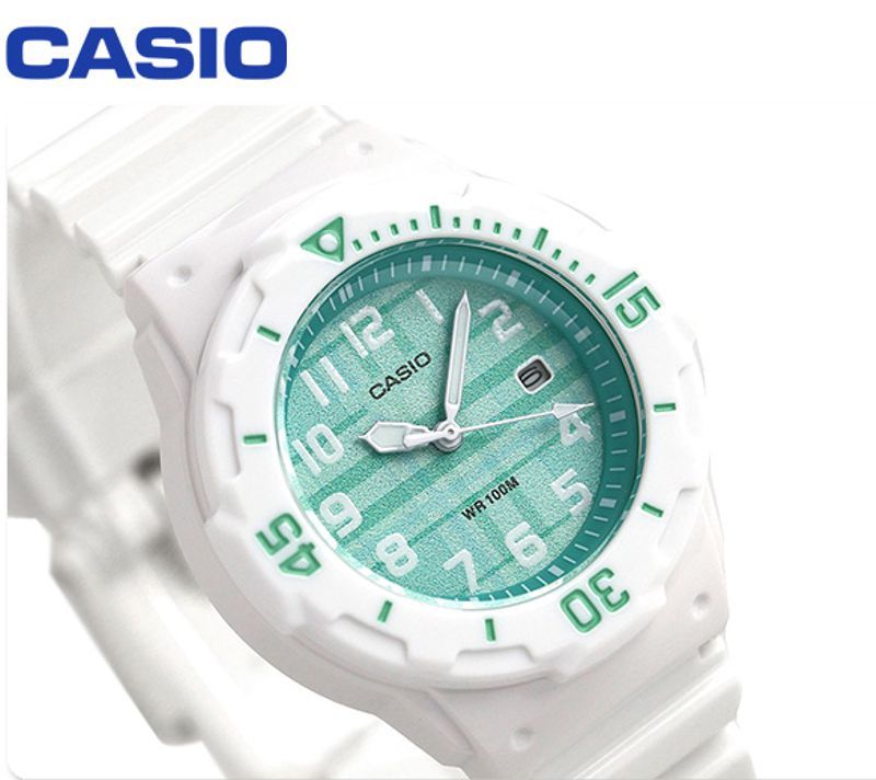 CASIO WATCH 卡西歐小巧淺草綠白混搭潛水風格白色膠帶運動腕錶型號