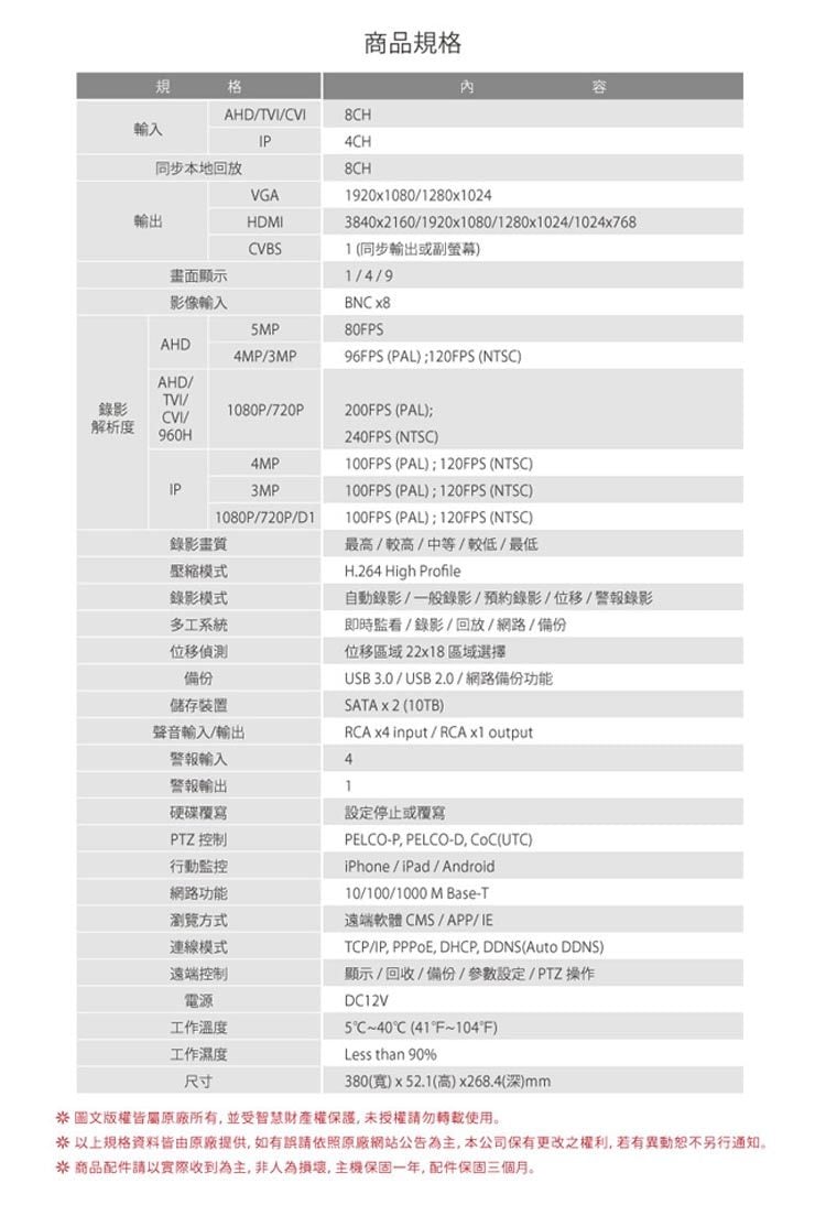 全視線 DVR-8311 8路 H.264 1080P HDMI 台灣製造 混合式監視監控錄影主機