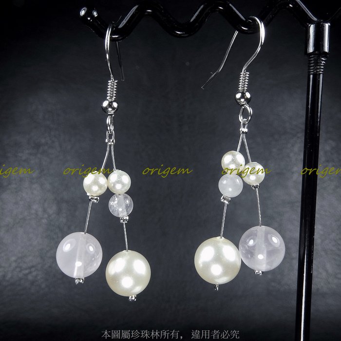 珍珠林~雙串式粉水晶耳環~南洋硨磲貝珍珠搭配天然粉水晶(項鍊、手鍊、耳環)#722+2
