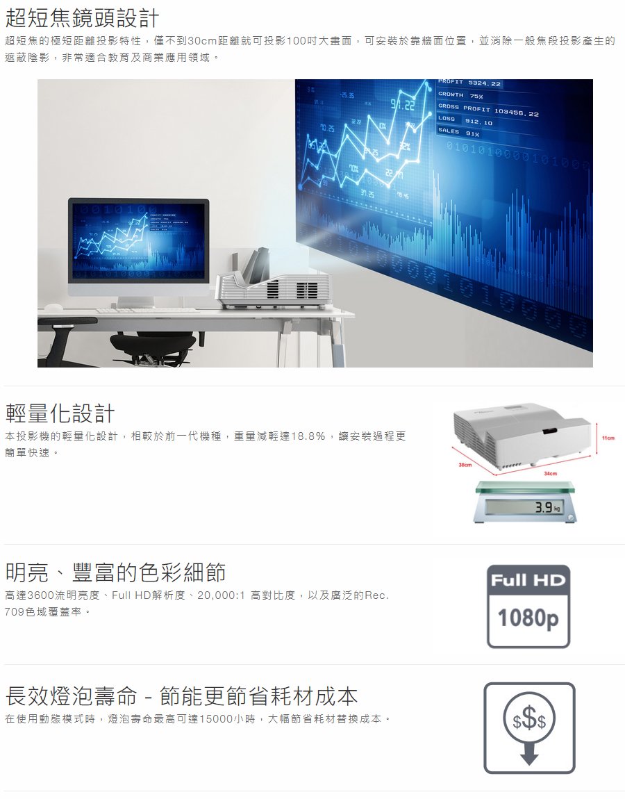 OPTOMA EH330UST 超短焦1080P多功能投影機- 投影王- Projector King