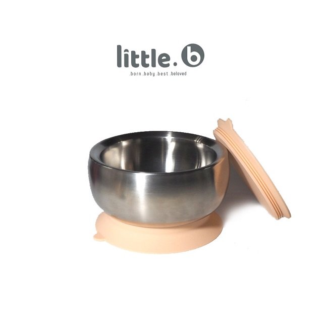 美國 little.b 雙層不鏽鋼吸盤碗 -甜美粉｜316不銹鋼餐具系列學習餐碗