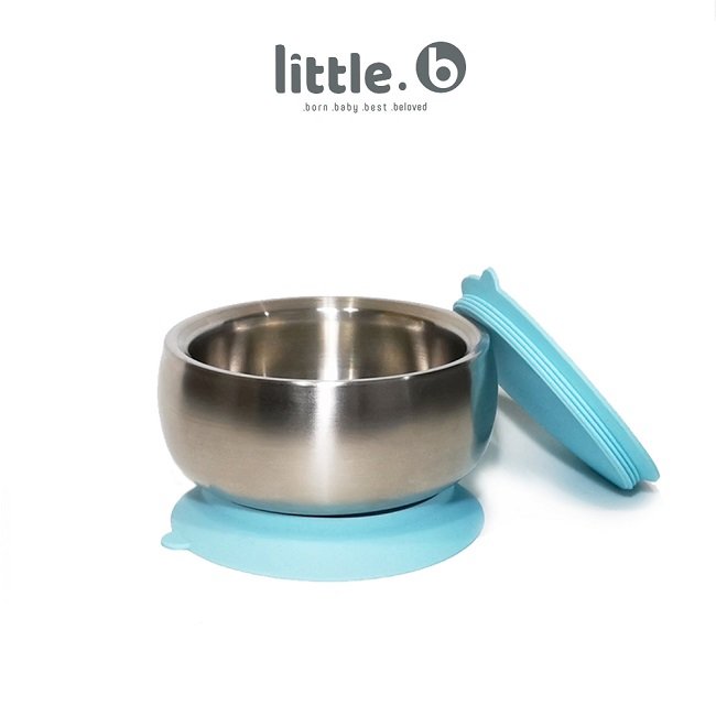 美國 little.b 雙層不鏽鋼吸盤碗 -寶貝藍｜316不銹鋼餐具系列學習餐碗