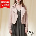簡約時尚俐落帥氣甜美粉色短款修身機車皮衣夾克外套-櫻花粉-S-XL-19107059