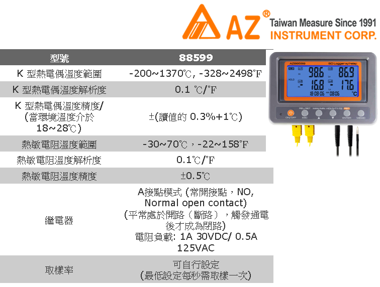 AZ衡欣88599四通道K型熱電偶&NTC溫度紀錄器- PChome 商店街