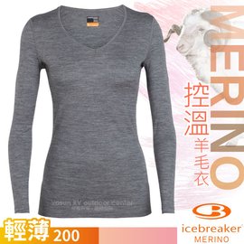 【紐西蘭 Icebreaker】女新款 200 Oasis Merino美麗諾羊毛超輕V領長袖控溫保暖內衣.衛生衣.內搭衣/非Smartwool Odlo/IB104379 季風灰