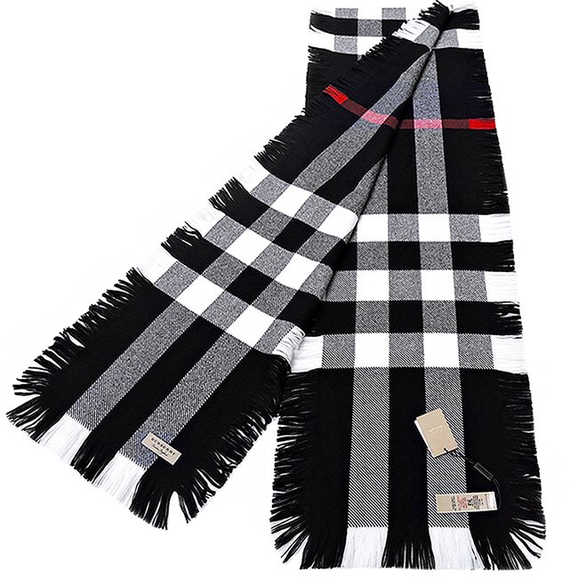 BURBERRY 英國製黑白格紋純羊毛長版圍巾