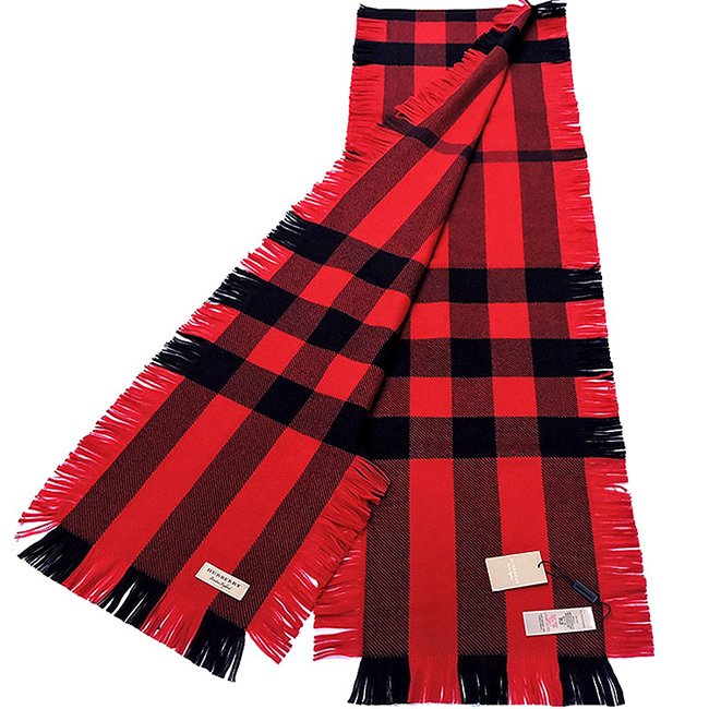 BURBERRY 英國製紅色格紋純羊毛長版圍巾