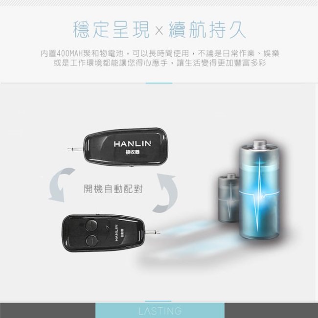 穩定呈現續航持久内置400MAH聚和物電池,可以長時間使用,不論是日常作業、娛樂或是工作環境都能讓您得心應手,讓生活變得更加豐富多彩接收器開機自動配對HANLINLASTING