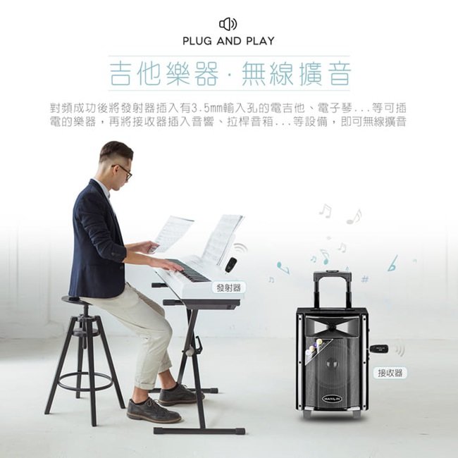 PLUG AND PLAY吉他樂器無線擴音對頻成功後將發射器插入有3.5mm輸入孔的電吉他電子琴等可插電的樂器,再將接收器插入音響、拉桿音箱等設備,即可無線擴音發射器接收器