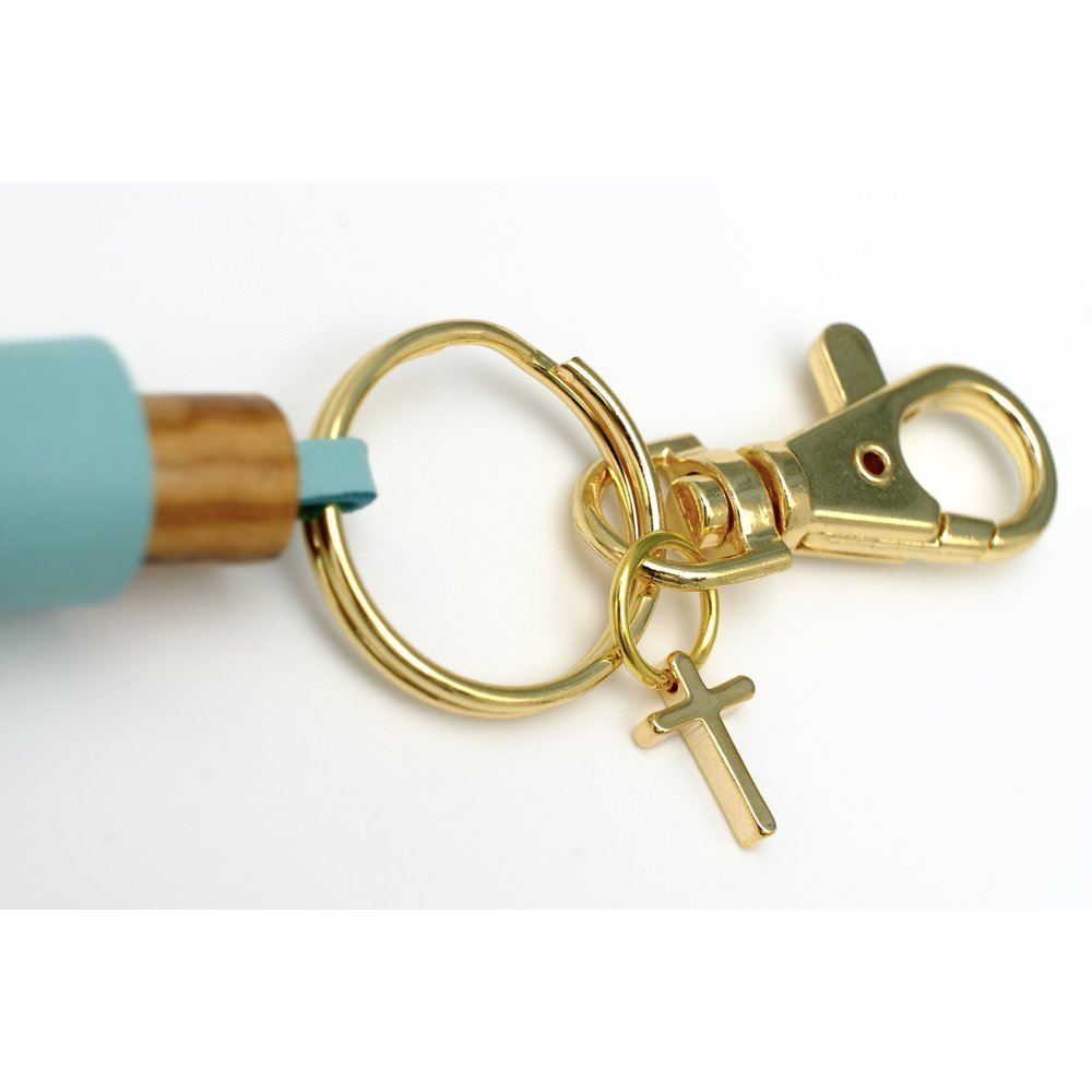 鑰匙圈 基督教禮品 十字架搭配以色列進口圓柱形橄欖木珠 串接水藍色流蘇 8270027