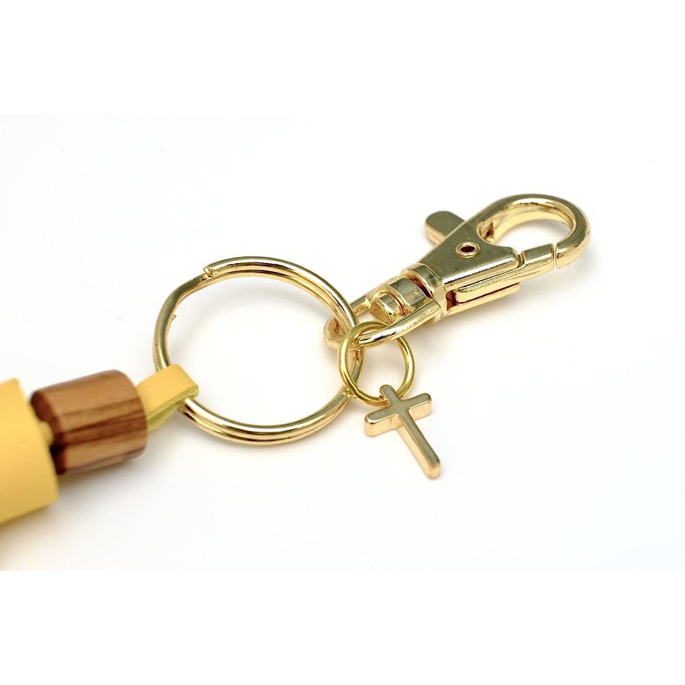 鑰匙圈 基督教禮品 十字架搭配 以色列進口圓柱形橄欖木珠串接檸檬黃色流蘇 8270030