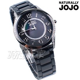 NATURALLY JOJO 新潮時尚 陶瓷腕錶 時尚藍寶石水晶女錶 防水手錶 黑 JO96940-88F