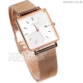 ROSEFIELD 歐風美學 時尚簡約 方形 不鏽鋼 米蘭帶 女錶 防水手錶 玫瑰金x白 QWSR-Q01